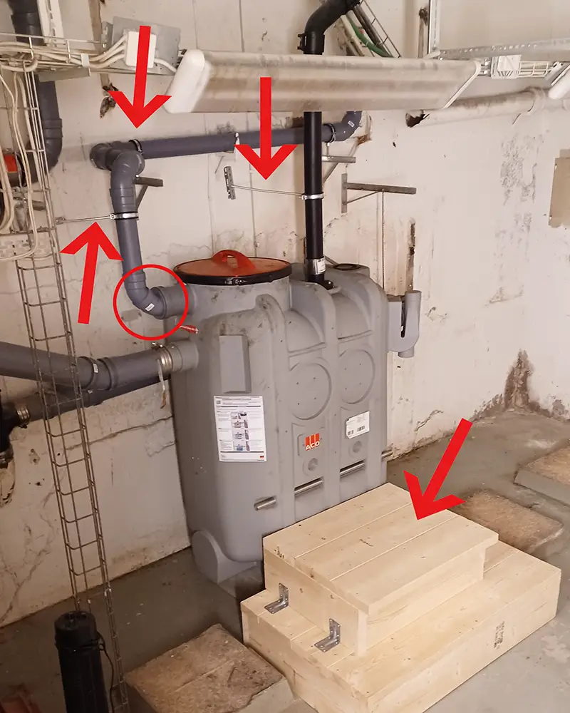 Byggd ställning i trä runt en  Fettavskiljare och ordentliga rör förankringar